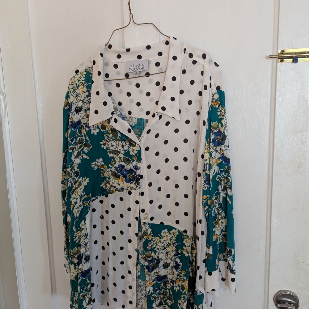 Studio Nouveau Floral and Polka Dot Blouse - Green, White, and Black